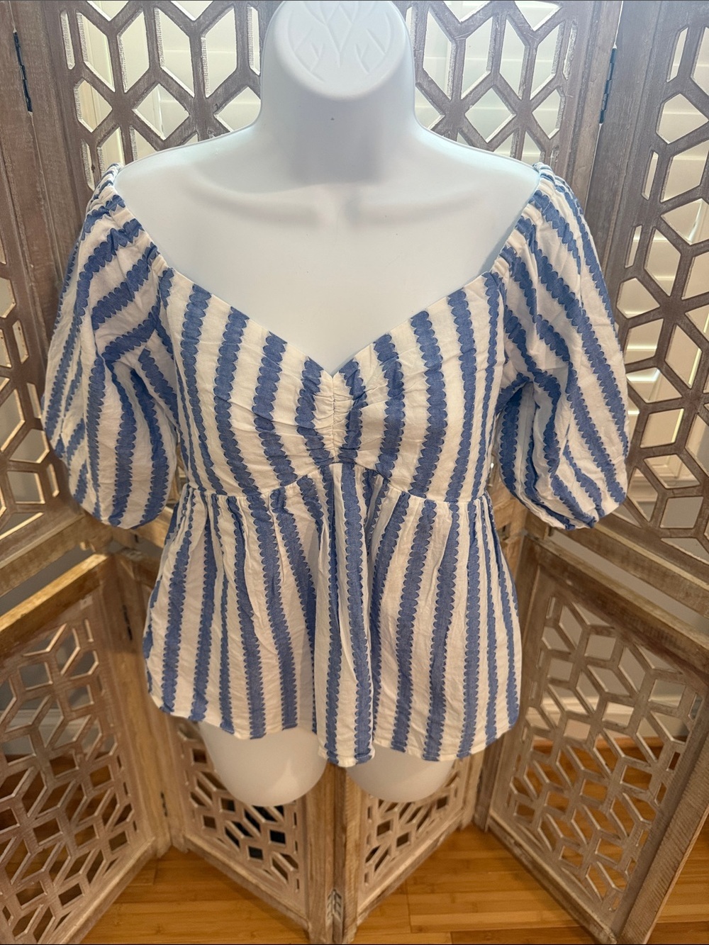 Vineyard Vines Blue & White Striped Puff-Sleeve Peplum Top Size Small